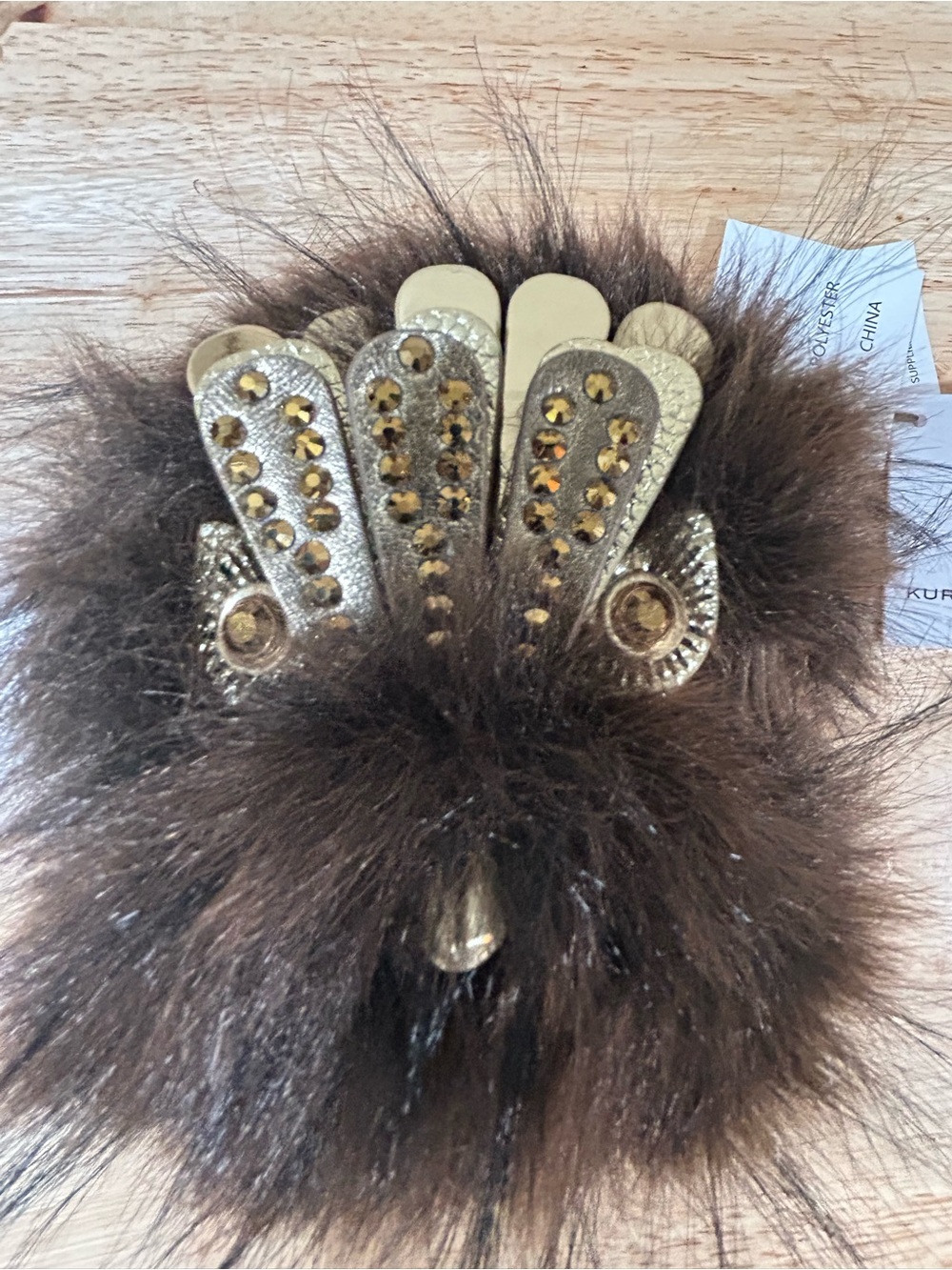 Kurt Geiger Brown Furry Pom-Pom Keychain with Gold-Tone Crystal Accents - Picture 12 of 12
